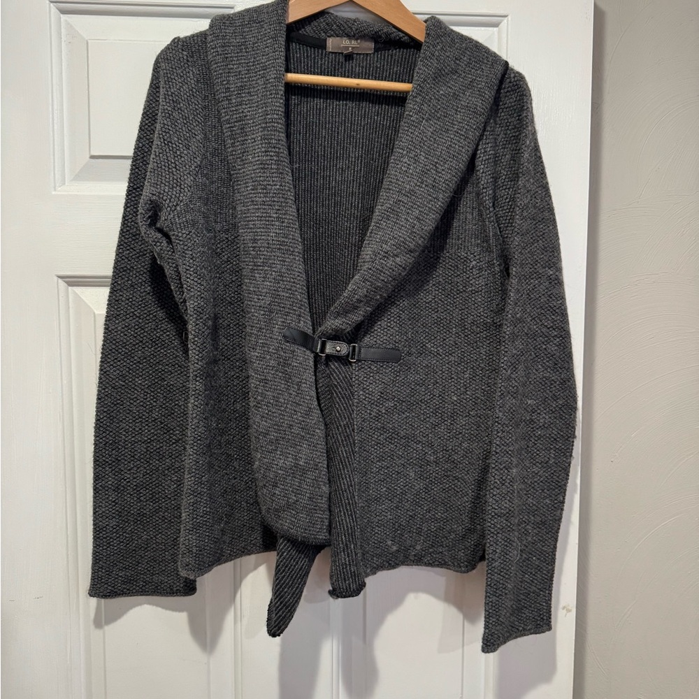 Gray Knit Cardigan with Buckle Closure